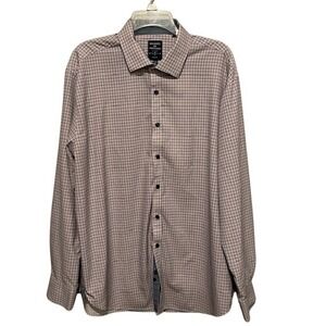 Society of Threads Mens XL Slim Fit Dress Shirt Pink Navy Grid 4-Way Stretch